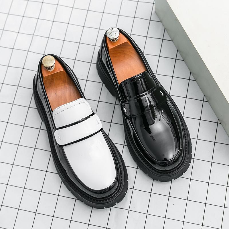 British style black and white color matching leather shoes inner height increase CM young lazy foot cover thick sole height increase round head