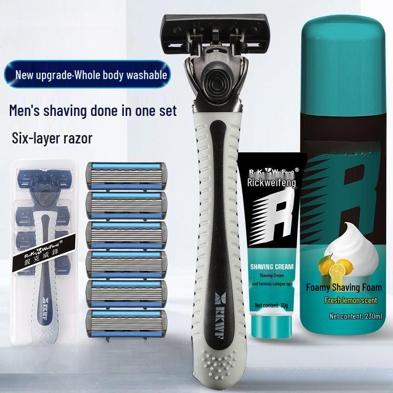 Six-Blade Manual Shaving Razor for Men with Old-Fashioned Design and Razor Holder