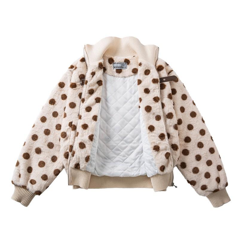 Womens Loose Fit Winter Cotton Coat Fleece Lined Polka Dot Stand Collar Casual Retro Style