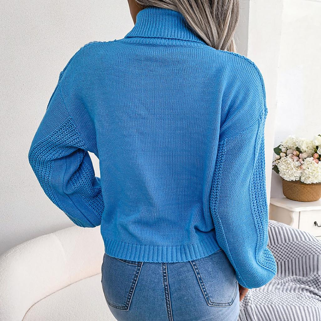 Women's Fashion High-necked, Solid-color Sweater With Floral  Sleeves Lined