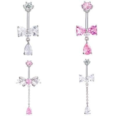 Sweet  Bowknot Heart Navel Ring For Women Girl Exquisite Shining Zircon Belly Button Ring Sexy Body Piercing Jewelry Gift