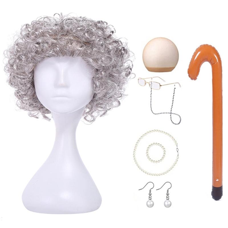 Altes Damen Kostüm für Mädchen Perücke Oma Brille Halskette 100 Tage Schule Kostüm Halloween Oma Kostüm Set