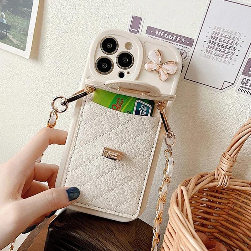 Luxury Cute Crossbody Leather Phone Case for IPhone 16 15 14 Plus 13 12 11 Pro Max XS XR X 7 8 Lanyard Card Holder Wallet Cover