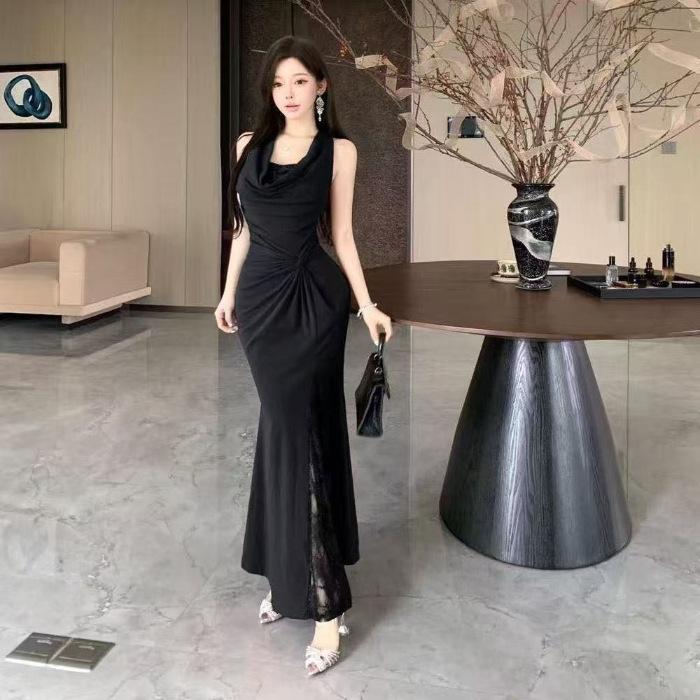 French red neck halter dress women s summer new hip wrap slim holiday dress dress slim dress long dress S чёрный