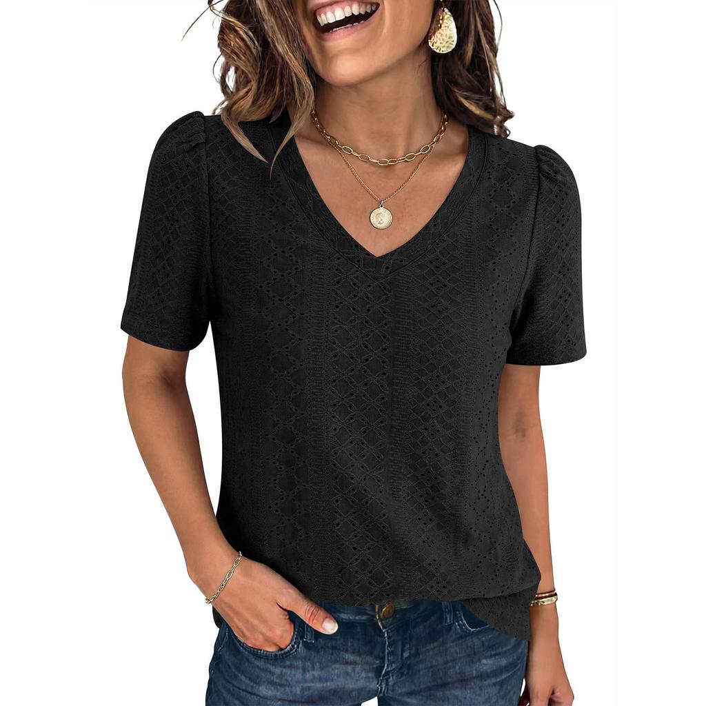 Women's fashionable loose casual openwork short-sleeve top