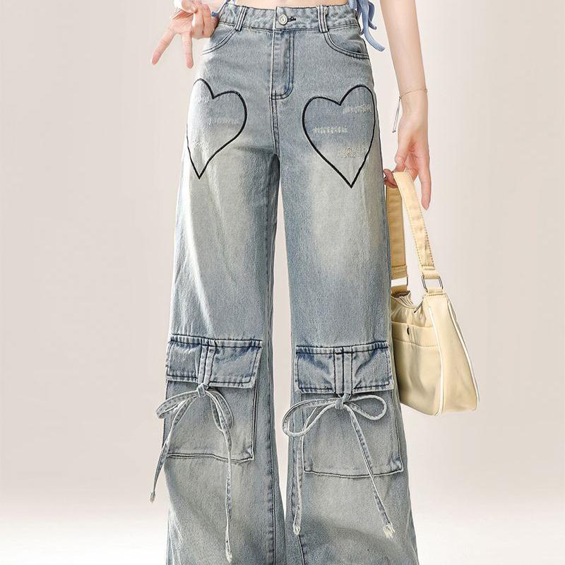 American Retro Love Heart Embroidery Utility Jeans Plus Size Unique Hot Girl Loose Slim Wide Leg Long for Women