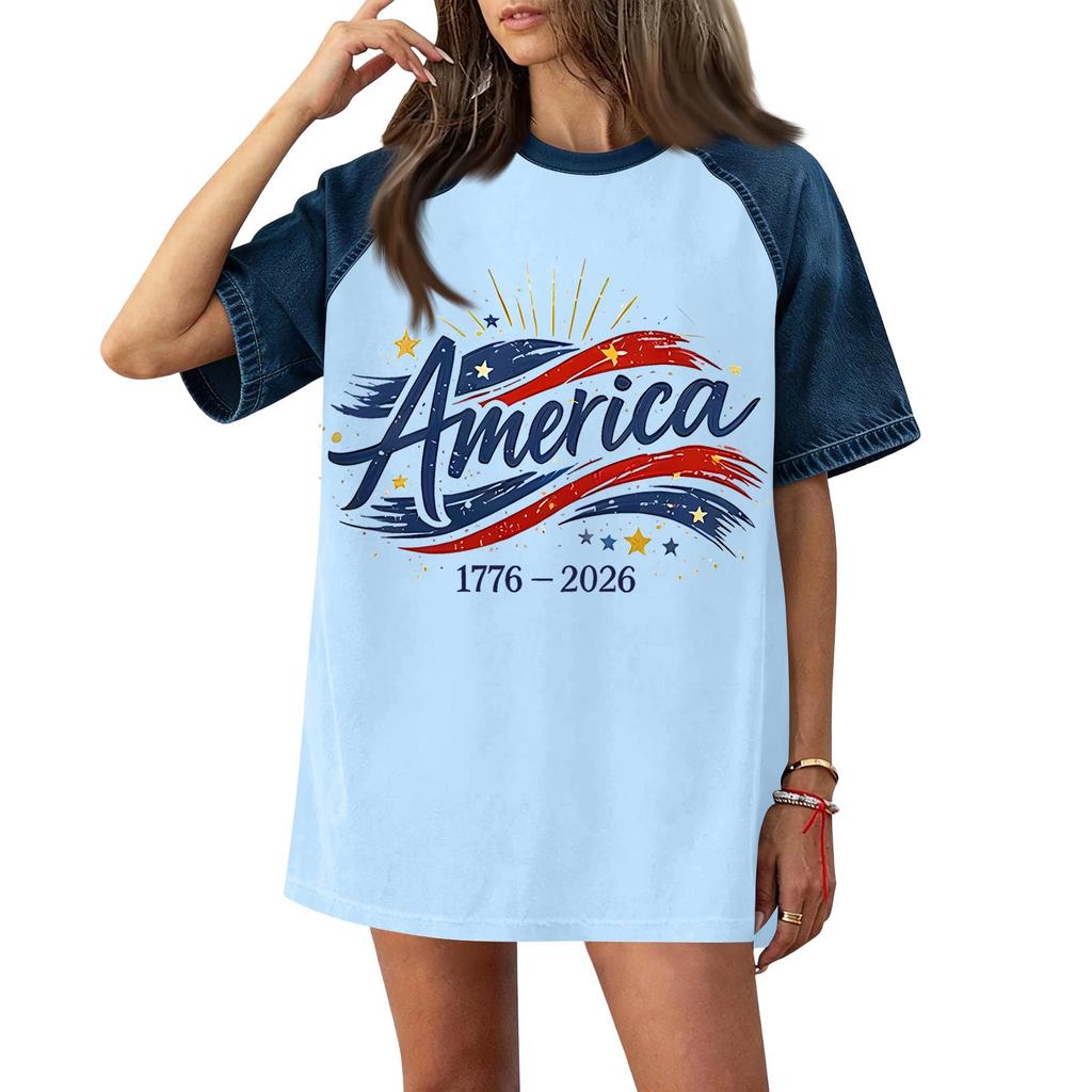 Women's Casual Short Sleeve T-Shirt Denim Patchwork Top 250th Independence Day Graphic Print Comfortable Fit Relaxed Style