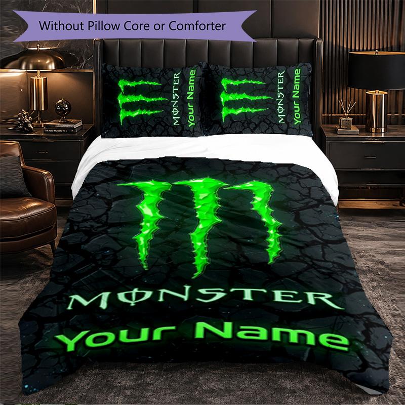 Monster Energy Customized Name Text Bedding Set, 1 Duvet Cover & 2 Pillowcases Personalized Bedroom Gift