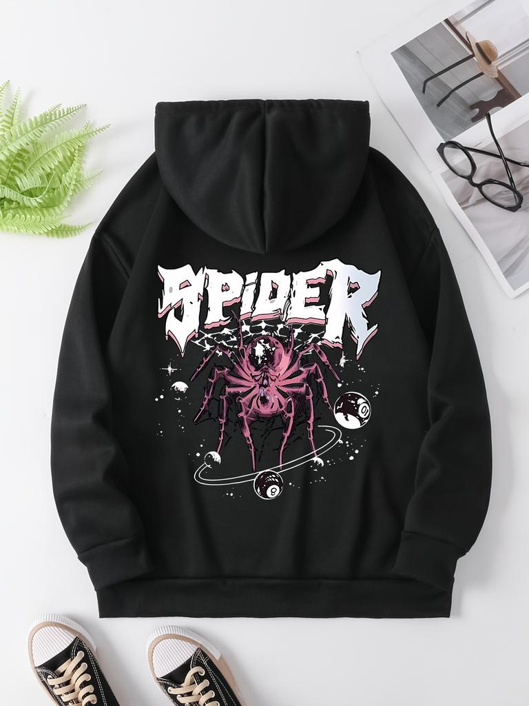 Spider Print Autumn Stylish Loose Top Solid Color Hooded Polyester Men's Sweatshirt Simple Casual