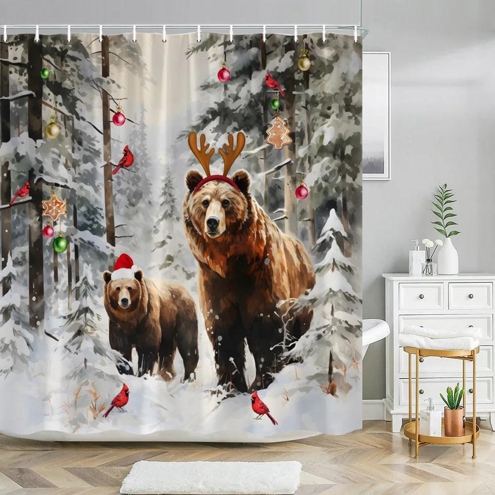 Funny Christmas Animals Shower Curtain Cute Puppy Dinosaur With Christmas Hat Flamingo Fabric Home Bath Curtains Bathroom Decor
