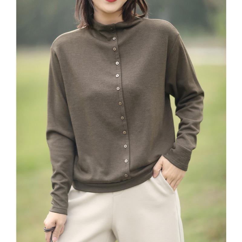 Women's Autumn/Winter Stand Collar Brushed Fabric Base Layer T-Shirt - Loose Slimming, Skin-Friendly Top