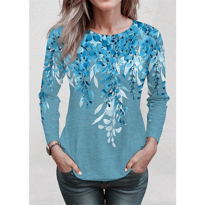 Long Sleeve Floral Pattern Women Casual T-Shirts Spring Autumn 3D Flower Print Retro Style Female Plus Size O-Neck Tops
