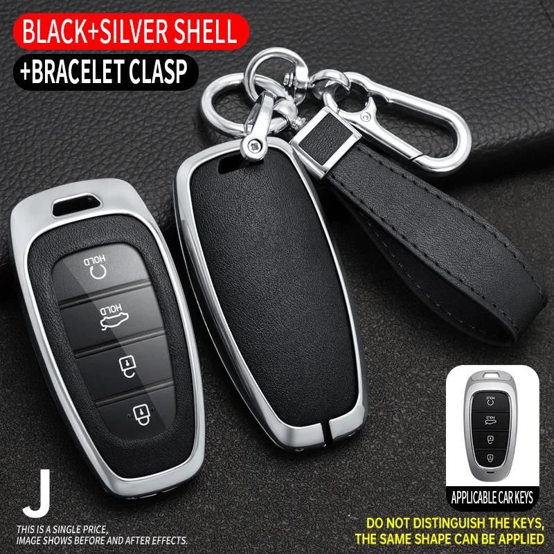 Zinc Alloy + Leather Car Key Case Cover for Hyundai Solaris Sonata Hybrid NEXO NX4 New Grand Santa Fe Tucson 2020 2021 2022 2023