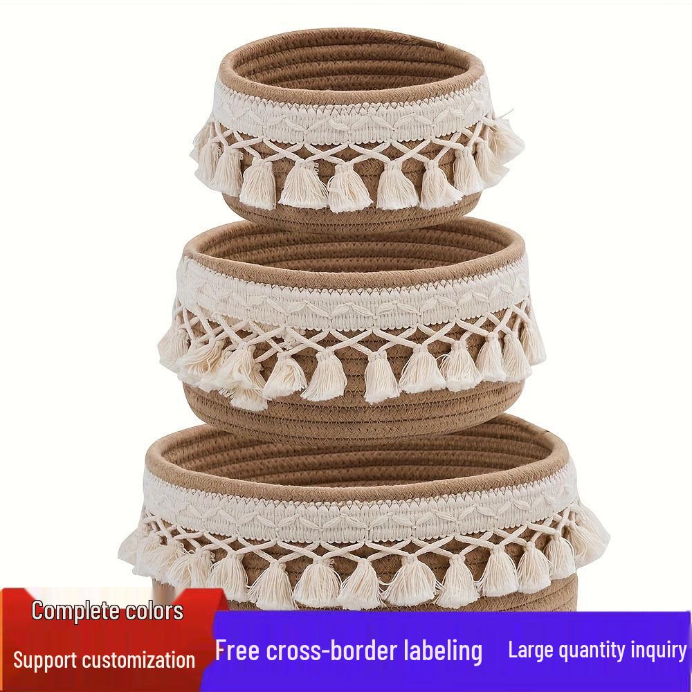 Round Tassel Cotton Rope Storage Basket Set - Country Style, Three-Piece Woven Clutter Organizer