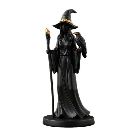 Black Gold Staff Witch Sculpture Halloween Witch Holding Scepter Statue Resin Witch And Raven Figurine for Gothic Home Tabletop Decor