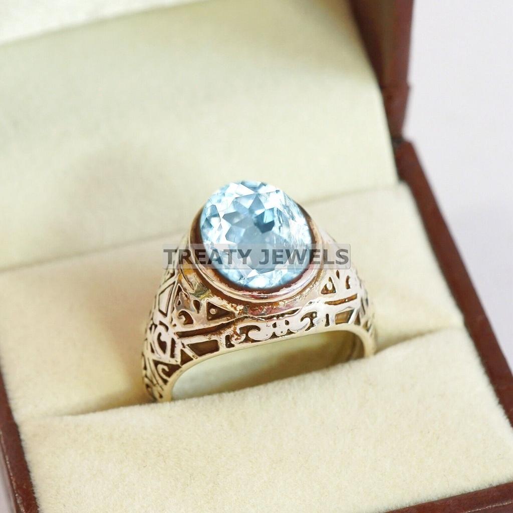 Aquamarine Oval Cut Gemstone With 925 Sterling Silver Ring For Men's #A732 JL375659031117