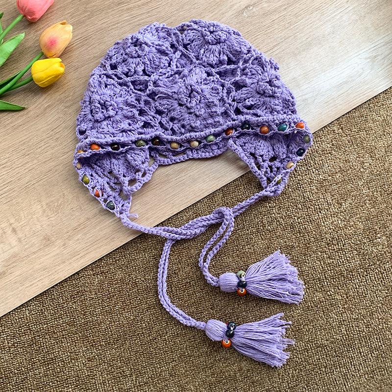 Women's Spring and Summer Retro Ethnic Style Hat Bohemian Flowers Tassel Bag Head Hat Hand Woven Hollow Bag Head Hat