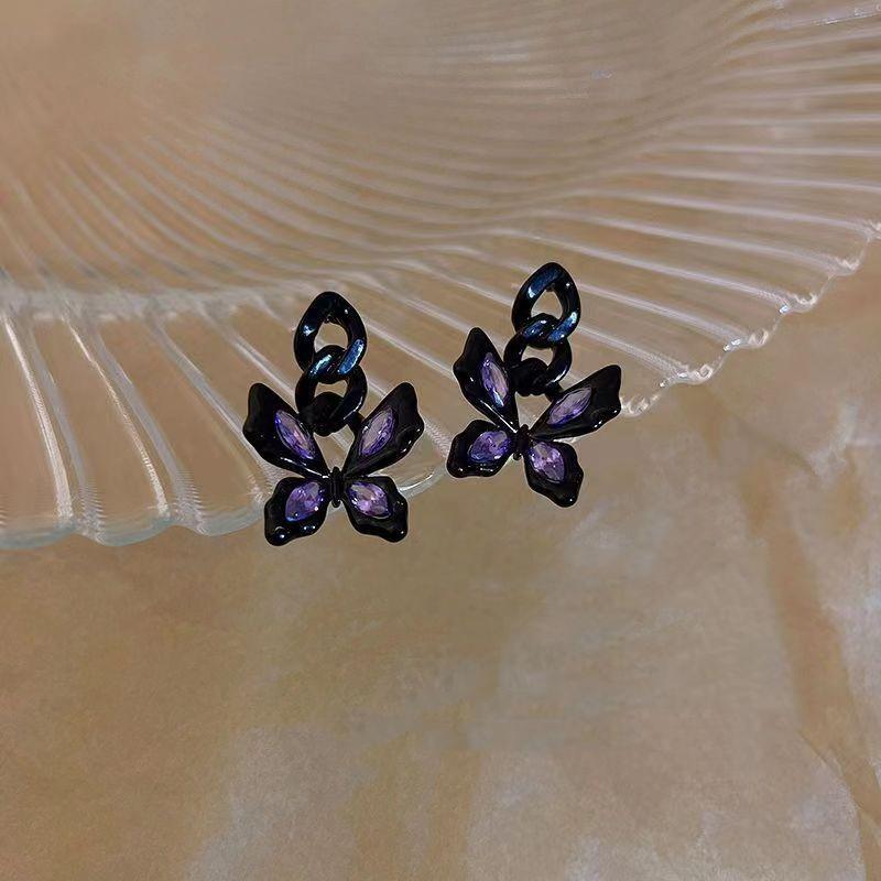 925 Silver Butterfly Crystal Earrings - Black Chain Fairy Style Studs - Sweet & Cool Fashion Accessories