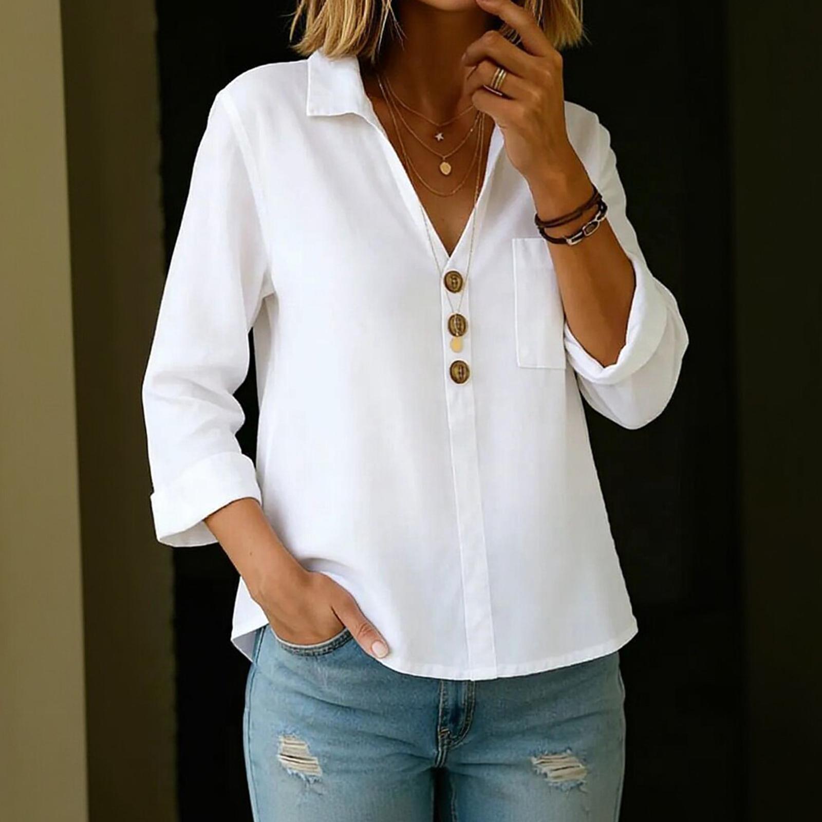 

Women s Nine-button -color Cotton And Linen Casual Loose Button-down Collar Blouse Shirt XL білий