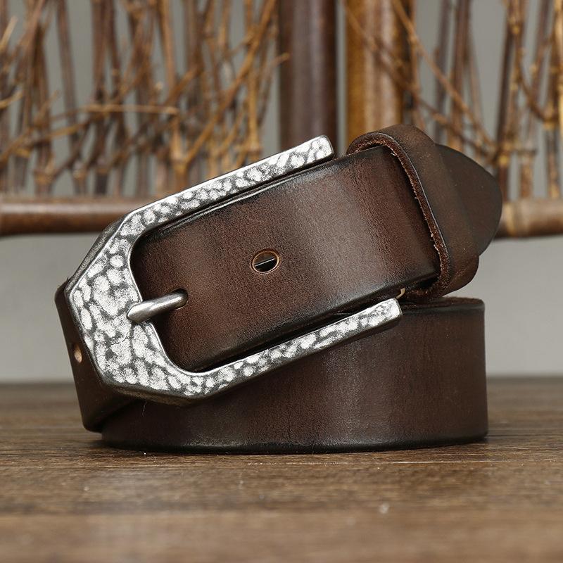 Belt Men's Retro Personality Hammered Stainless Steel Buckle Genuine Cattlehide Leather Surface Trendy All-Matching Jeans Belt Men
