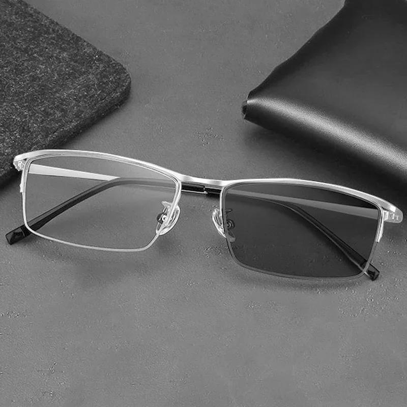 Color Changing Myopia Glasses for Men Anti Blue Light Ultra Light Business Half Frame Photochromic Eyewear Trendy