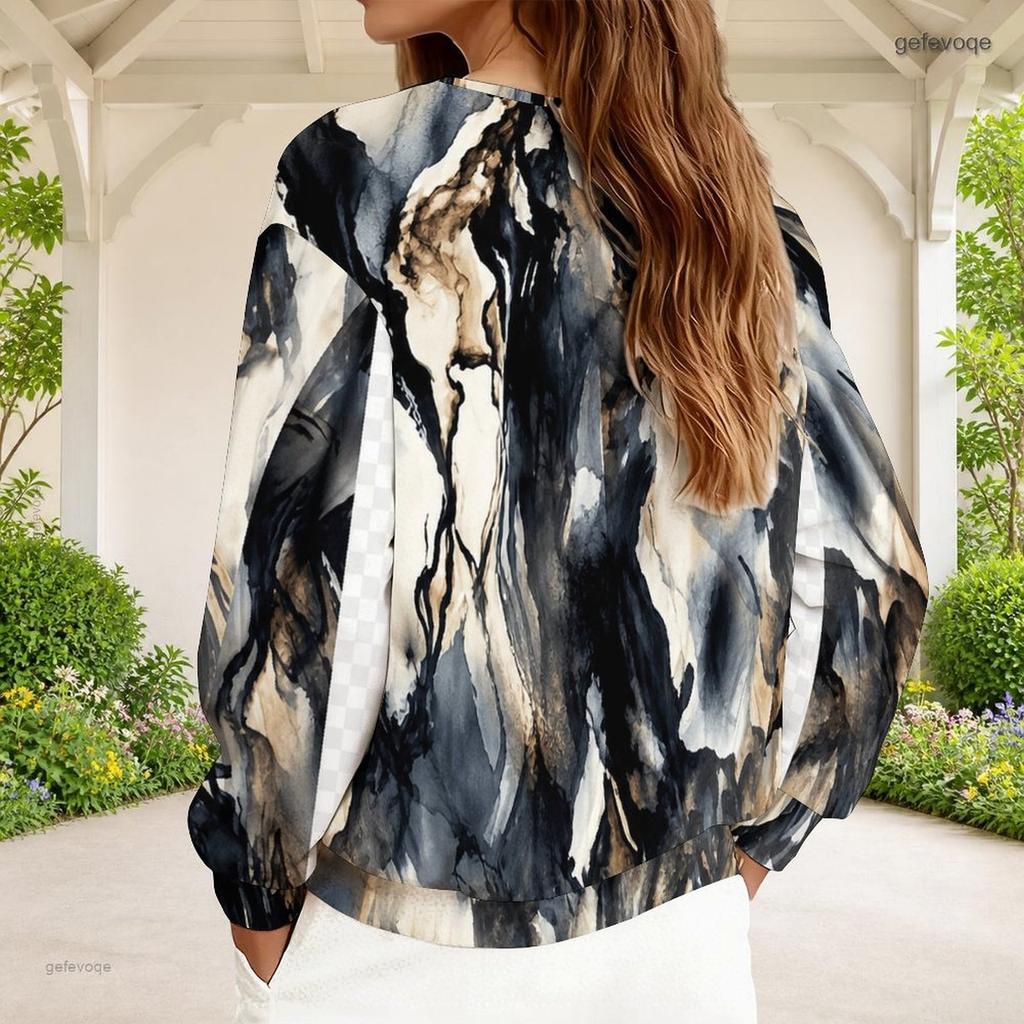 Women Plus Size V Neck Half Zip Long Sleeve Striped Printed Blue White Sweatshirt