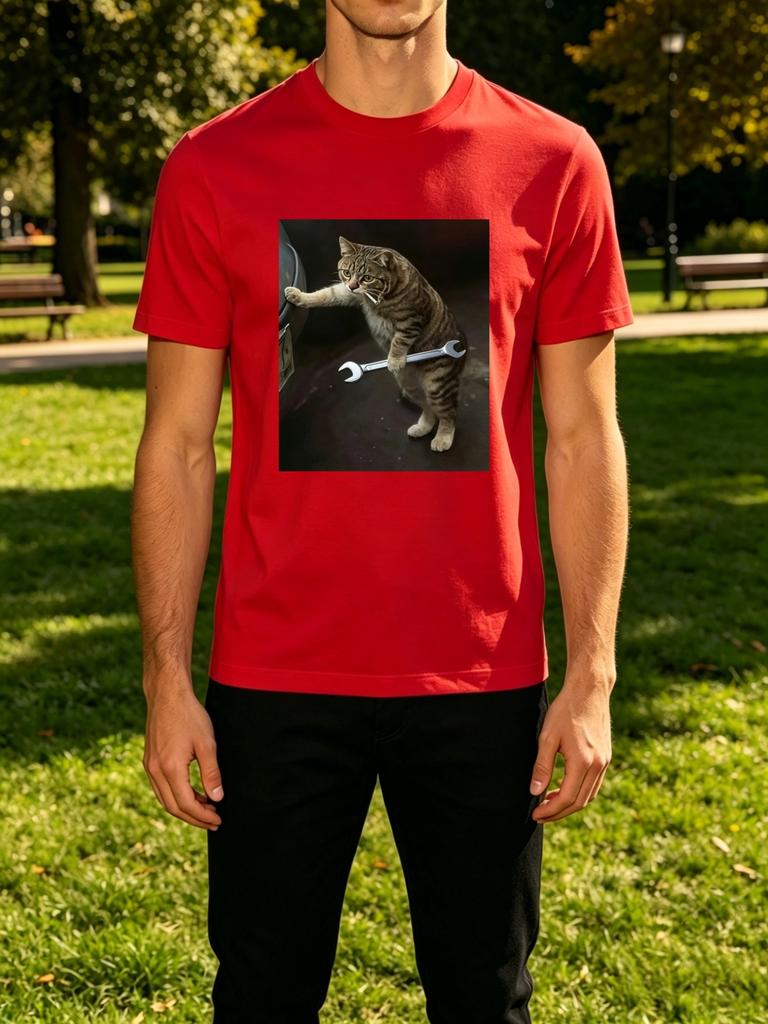 Unisexs Tee Mechanic Cat With Wrench Photo Print Cotton Short Sleeve Male Summer Daily Casual Outdoor Streetwear Basic Fashion Top