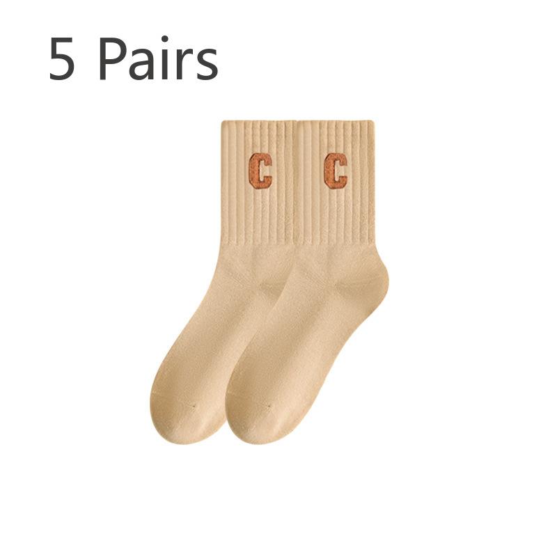 

5 пар женских осенне-зимних школьных носков-труб из чистого хлопка с вышивкой, продуваемых ветром 5 Pairs кофейный
