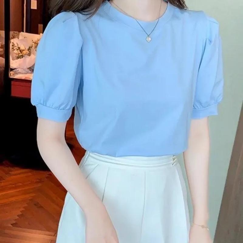 Women s Summer Cream Puff Sleeve Crew Neck Short Sleeve T Shirt S синий