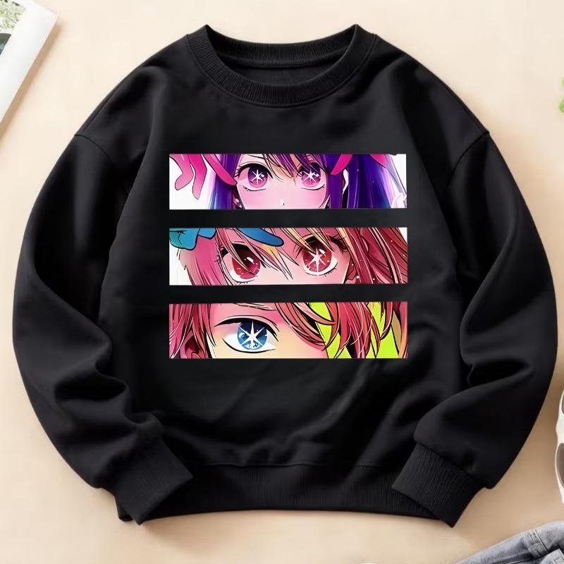 Kidss Crewneck Long Sleeve Sweatshirt, Manga Style 2D Girl Eye Panel Graphic Print