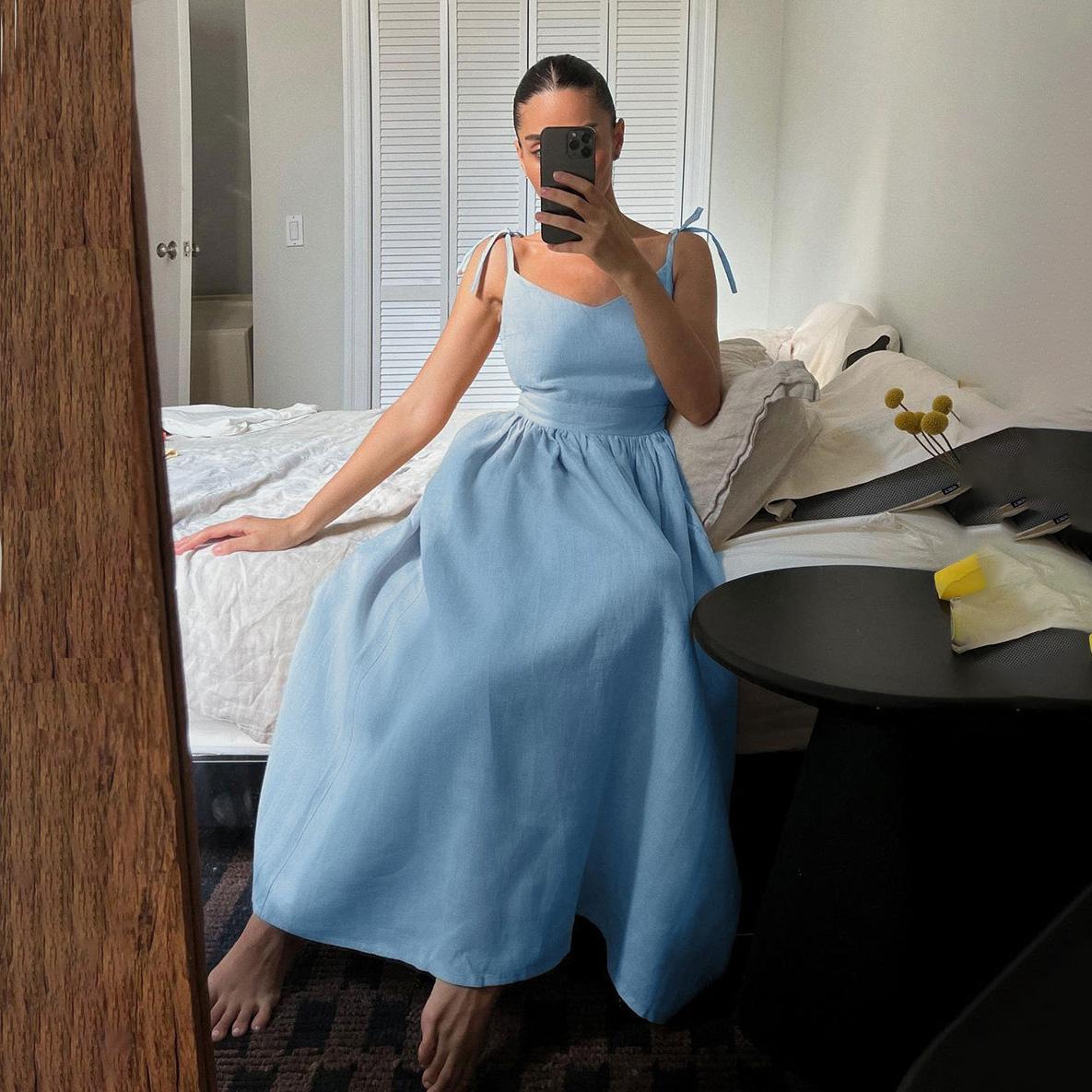 

Женское однотонное платье без рукавов длиной до щиколотки с v-образным вырезом и высокой талией L синий