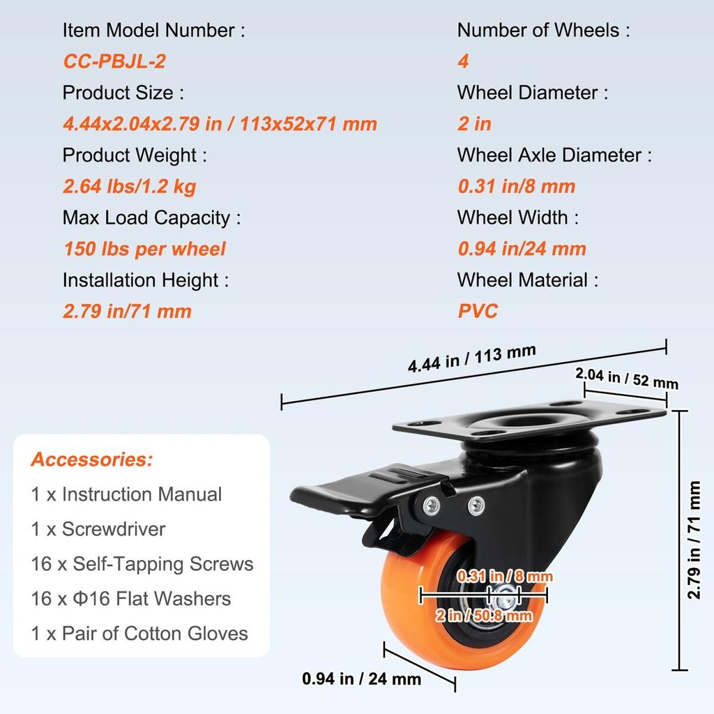 Caster Wheels, 2-inch Swivel Plate Casters, Set of 4, with Security Dual Locking No Noise PVC Wheels, Heavy Duty 150 lbs Load Capacity Per Caster,