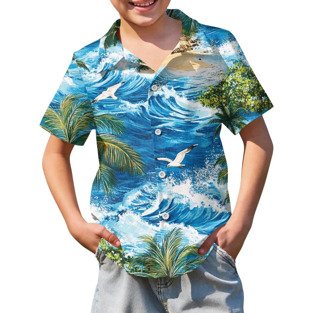 Boys' Short-sleeved Hawaiian Print Shirt, Children's Summer Button-down Shirt