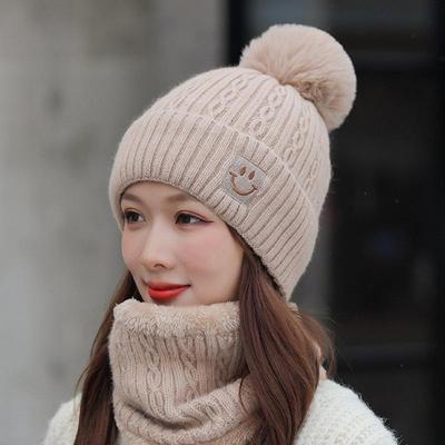 Neue Wolle Ball Strickmütze Damen Herbst und Winter Mode vielseitige verdickte warme Mütze bestickt lächelndes Gesicht Wollmütze