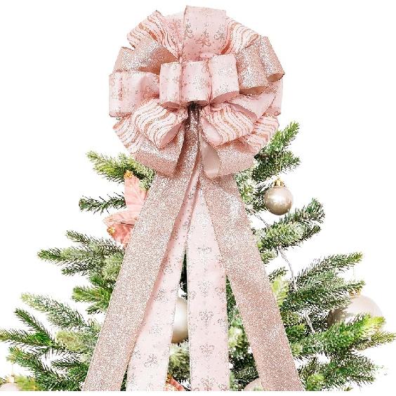 Christmas Tree Topper, 32x12 Inches Large Toppers Bow with Glitter Satin Mesh Streamer, Pink Christmas Tree Topper for Christmas Home Decoration