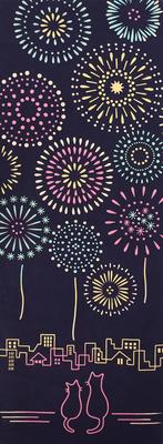 Airashika Japanese Goods Tenugui Hand Downtown Fireworks and Mother and Summer 33 X 90cm "Fireworks Cat" Towel, Kitten, Festival,