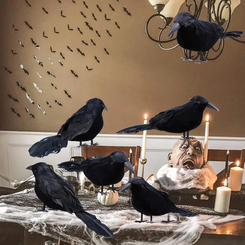 1-9PCS Artificial Black Raven Flocked Feathers Halloween Ghost Party Decoration Spooky Bird Model for Graveyard Scene Prop Favor