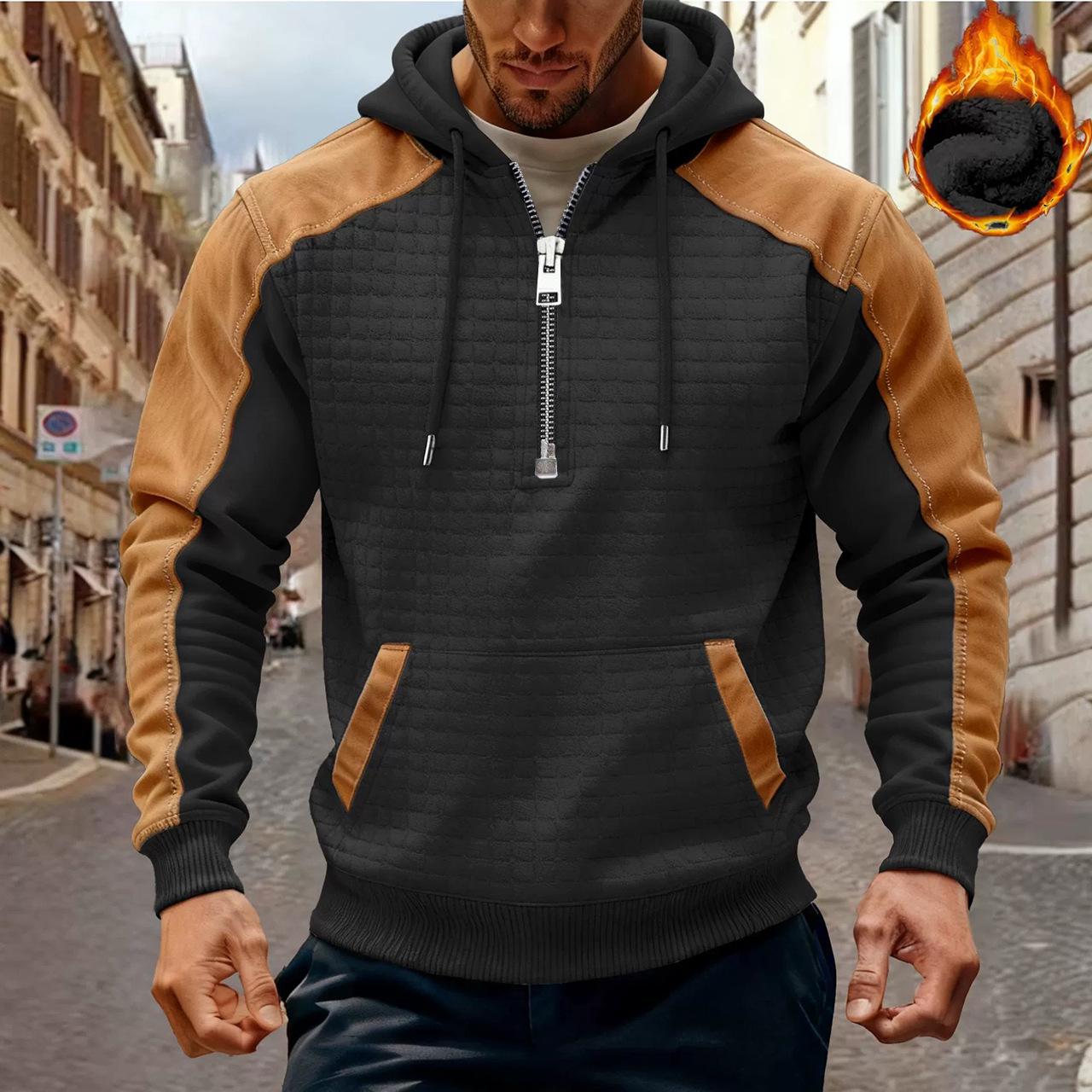 

Men s Double-Layer Plaid Hoodie: Thickened Velvet, Half-Zip, Long-Sleeve for Autumn/Winter XXXL чорний