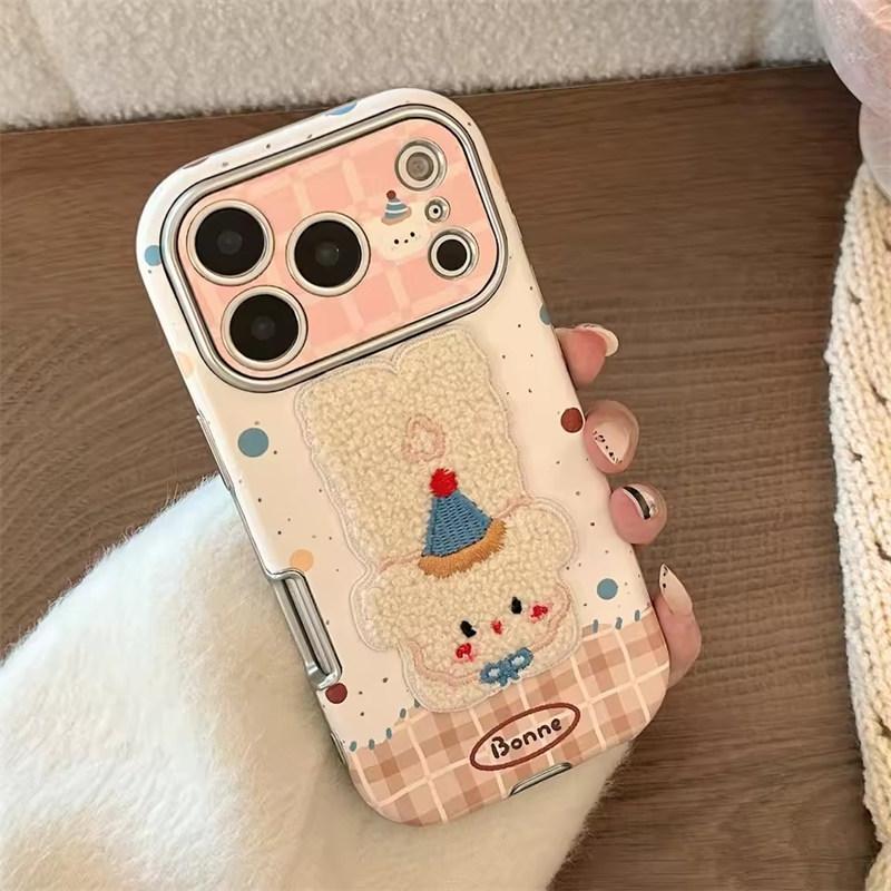 Cartoon Embroidery Plush Animals Leather Texture Phone Case For iPhone 17 13 14 15 16 12 11 Pro Max Plus Shockproof Soft Cover