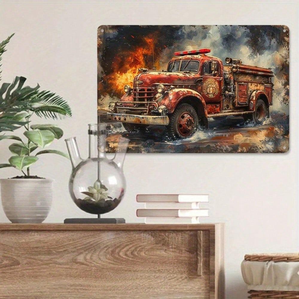 Vintage Fire Truck Flames Metal Poster Wall Art for Garage Bar 20x30 cm