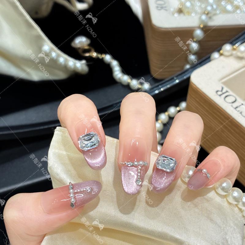 L88 Purple French Cat Eye Long Wearable Handmade Nails M