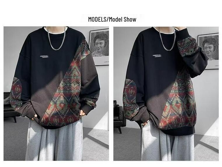 Men's Plus Size Autumn Patchwork Hoodie: Ethnic Style, Round Neck, Long Sleeve, Loose Fit, Casual Versatile Pullover.