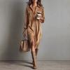 Women's Turn Down Collar Long Sleeve Loose Fit Corduroy Shirt Dress With Button Detail High Waist Solid Color Autumn Casual Commuter Midi Dress Outfit