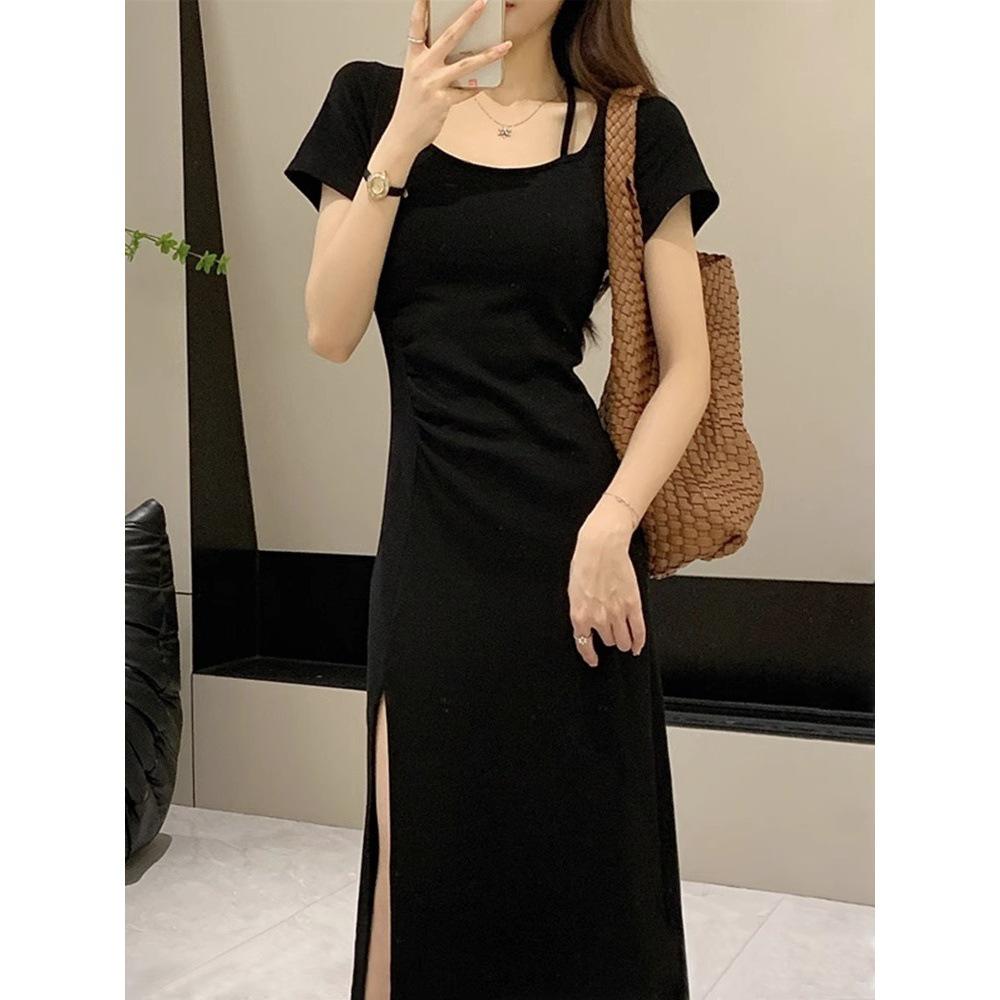 

Hepburn-Style Black Slit Bodycon Dress – Summer Figure-Flattering Little Black Dress S