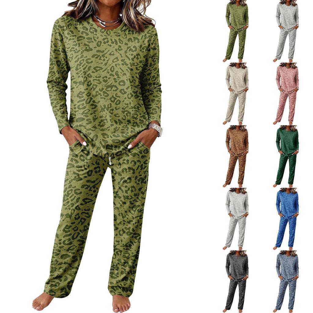 Casual Pajama Set with Long Sleeve Round Neck Top and Wide Leg Pants for Home Lounging