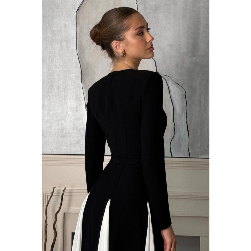 Fall Winter New European American Women's Clothing, Crew Neck Colorblock Long Sleeve High Waist Slim Elegant Vintage Evening Dress