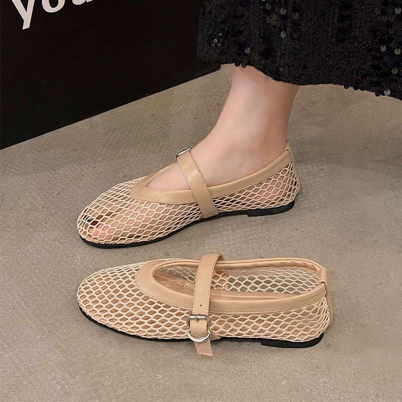 Mesh Shoes Women's Breathable Sandals Summer New French Temperament Flat Bottom Hollow Mary Jane Single Shoes