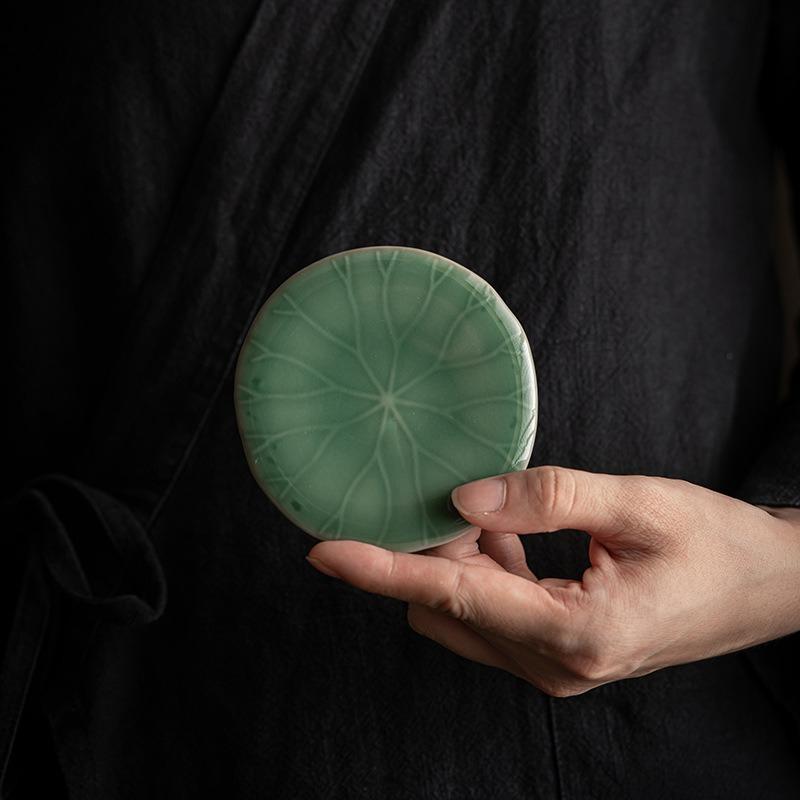 Handmade Celadon Shadow Carving Coaster Chinese Antique Kungfu Tea Set Ceramic Lotus Cup Pad