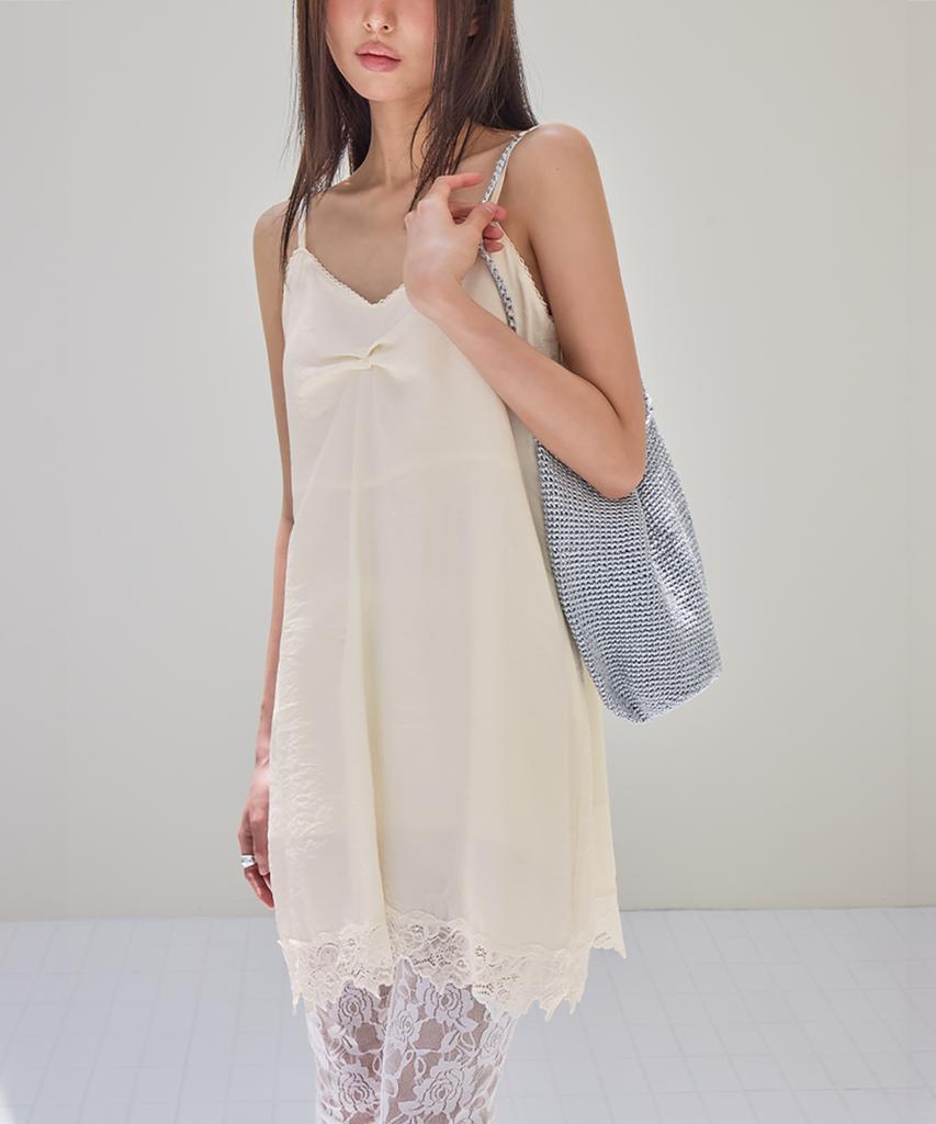 Leondeondada Lace Trim Pintuck Slip Dress, Cream