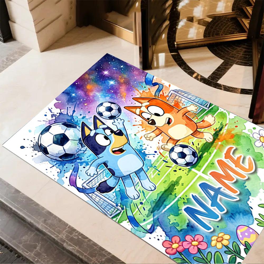 Soccer Fun Bluey Personalized Name Floor Mat Design for Bedrooms Decorate Room Outdoor Entryway Antislip Carpet Decorate Offices